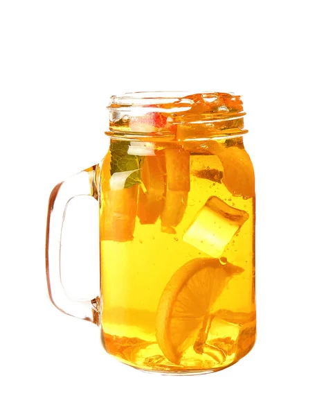 Mason Jar Cold Tea Splashes White Background — Stockfoto
