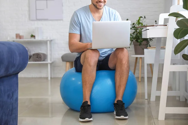 Man Laptop Sitting Fitness Ball Home — Stock Photo, Image