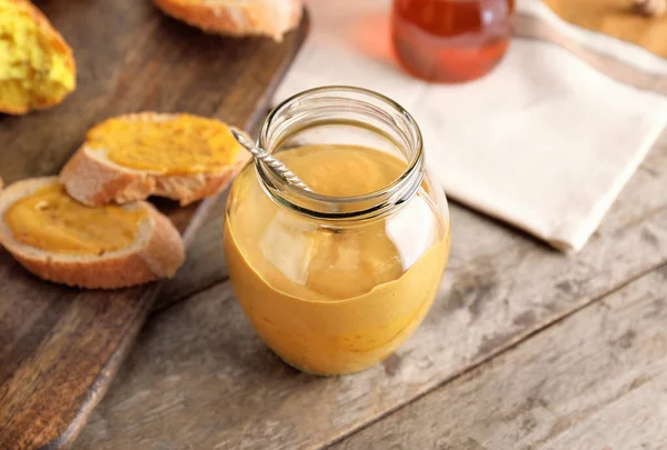 Jar Tasty Honey Mustard Sauce Wooden Table — Stock Photo, Image