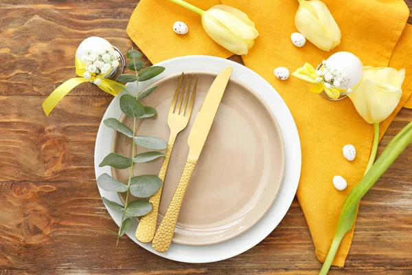 Beautiful Easter Table Setting Wooden Background — Stock Photo, Image