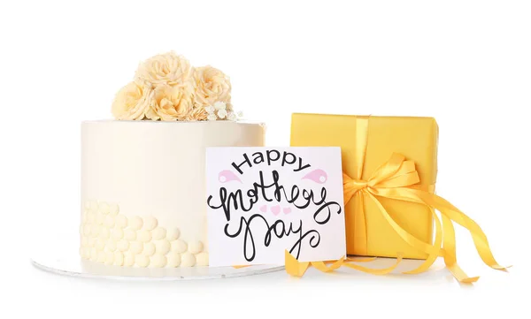 Вкусный Торт Поздравительной Открыткой Подарком Мамы Белом Фоне — стоковое фото