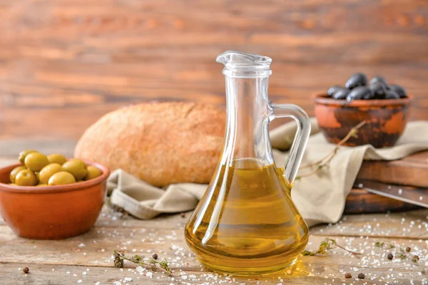Bottle Tasty Olive Oil Wooden Table — Stock Photo, Image