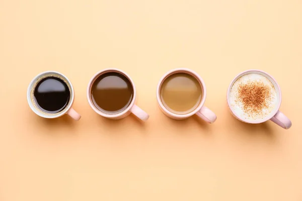 Tazas Café Diferentes Sobre Fondo Color —  Fotos de Stock