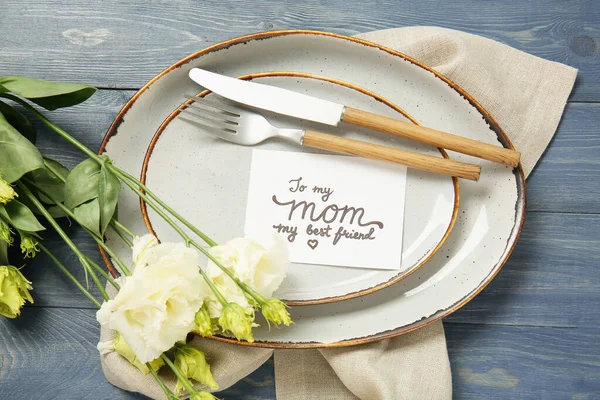Table Setting Card Mother Day Dinner Color Wooden Background — Stock Photo, Image