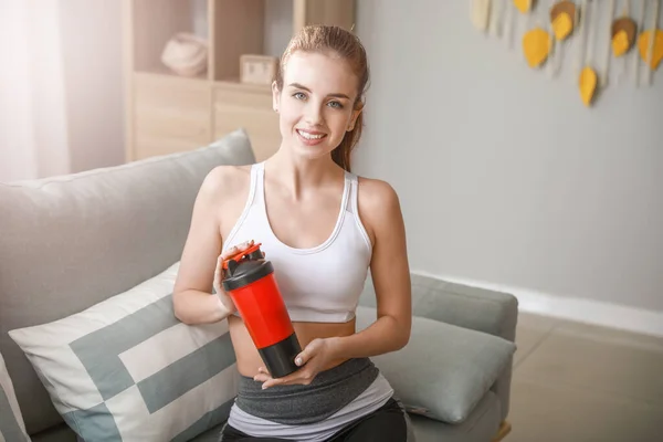 Sporty Young Woman Protein Shake Home — Stock Photo, Image