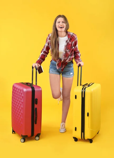 Female Tourist Luggage Color Background — Stock Photo, Image