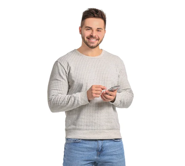Young Man Mobile Phone White Background — Stock Photo, Image