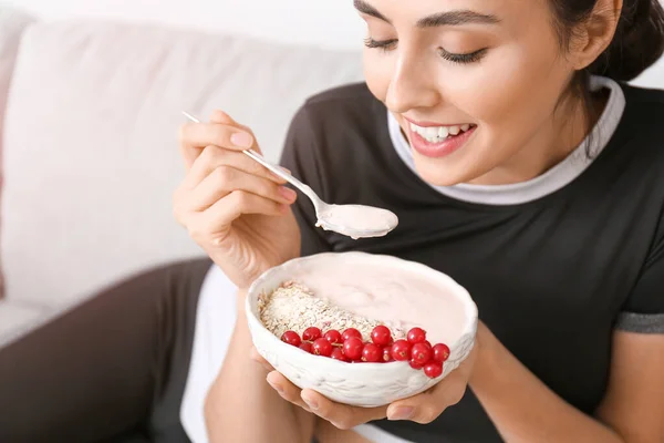 Young Woman Eating Tasty Yogurt Home — Stock Photo, Image