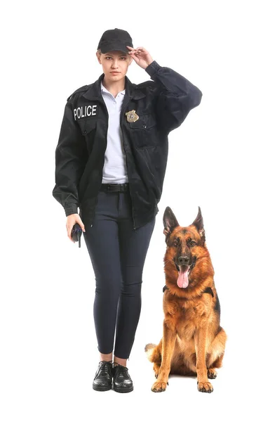 白地に犬を持つ女性警察官 — ストック写真