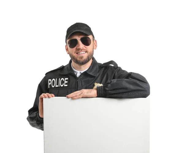 Officier Police Masculin Avec Affiche Vierge Sur Fond Blanc — Photo