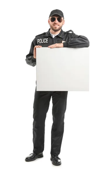 Man Politieagent Met Blanco Poster Witte Achtergrond — Stockfoto