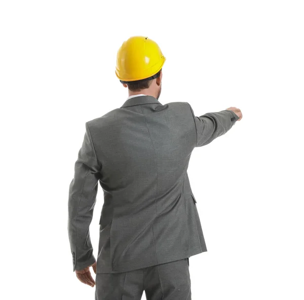 Male Engineer Showing Something White Background Back View — Stock Photo, Image