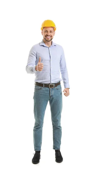 Männlicher Ingenieur Zeigt Daumen Hoch Geste Auf Weißem Hintergrund — Stockfoto