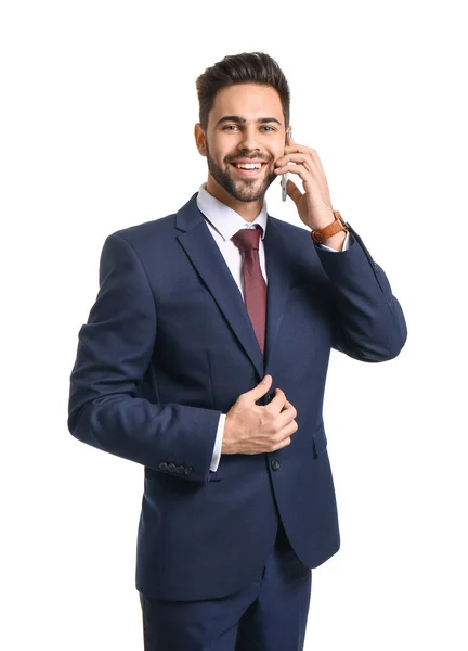 Retrato Empresário Bonito Falando Por Telefone Fundo Branco — Fotografia de Stock