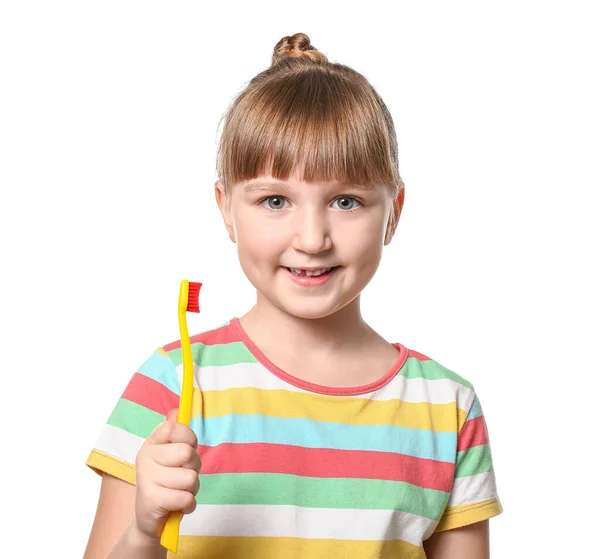 Little Girl Tooth Brush White Background — Stock Photo, Image