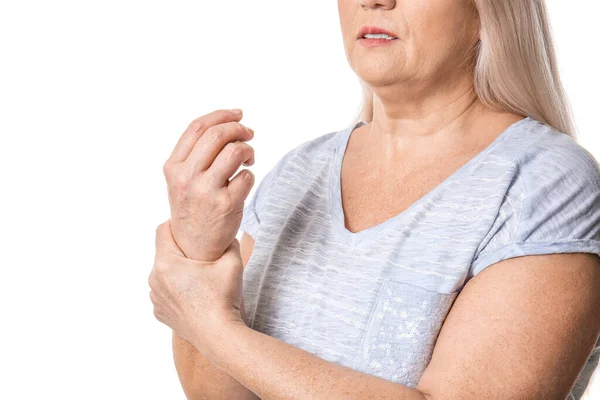 Senior Woman Suffering Parkinson Syndrome White Background — Stock Photo, Image