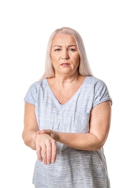 Senior Kvinna Som Lider Parkinsons Syndrom Vit Bakgrund — Stockfoto