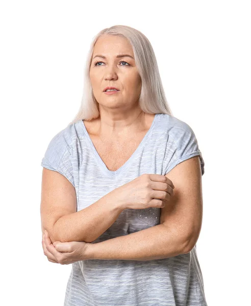 Старша Жінка Яка Страждає Синдромом Паркінсона Білому Тлі — стокове фото