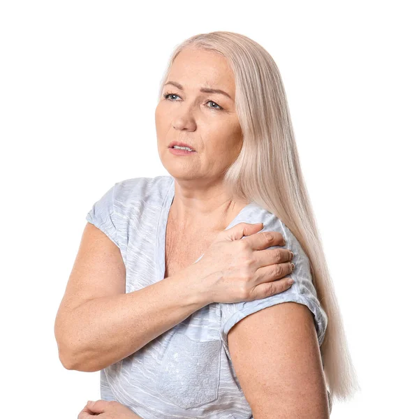 Senior Woman Suffering Parkinson Syndrome White Background — Stock Photo, Image