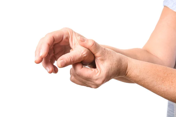 Senior Woman Suffering Parkinson Syndrome White Background — Stock Photo, Image