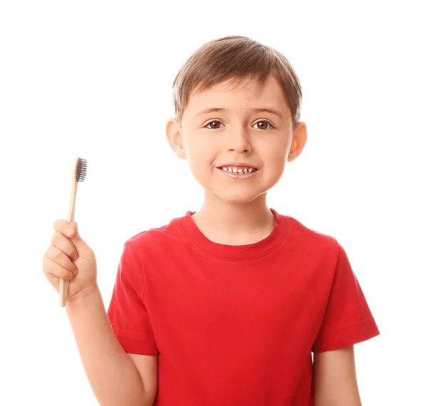 Roztomilý Malý Chlapec Zubním Kartáčkem Bílém Pozadí — Stock fotografie