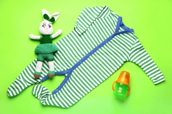 Baby Clothes Toy Bottle Color Background — Stock Photo, Image