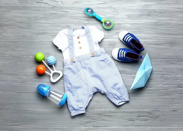 Baby Clothes Accessories Wooden Background — Stock Photo, Image