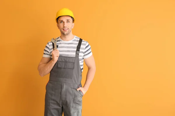 Handsome Male Worker Color Background — Stock Photo, Image