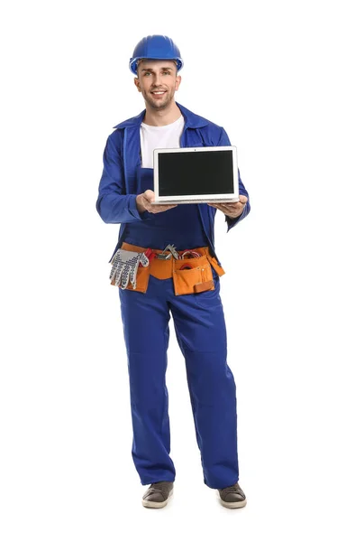 Hombre Guapo Trabajador Con Portátil Sobre Fondo Blanco —  Fotos de Stock