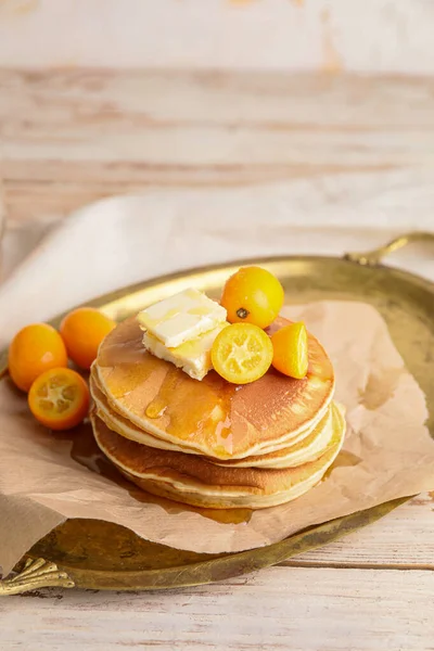 Tasty Pancakes Honey Butter Citrus Fruit Tray — Stock Photo, Image