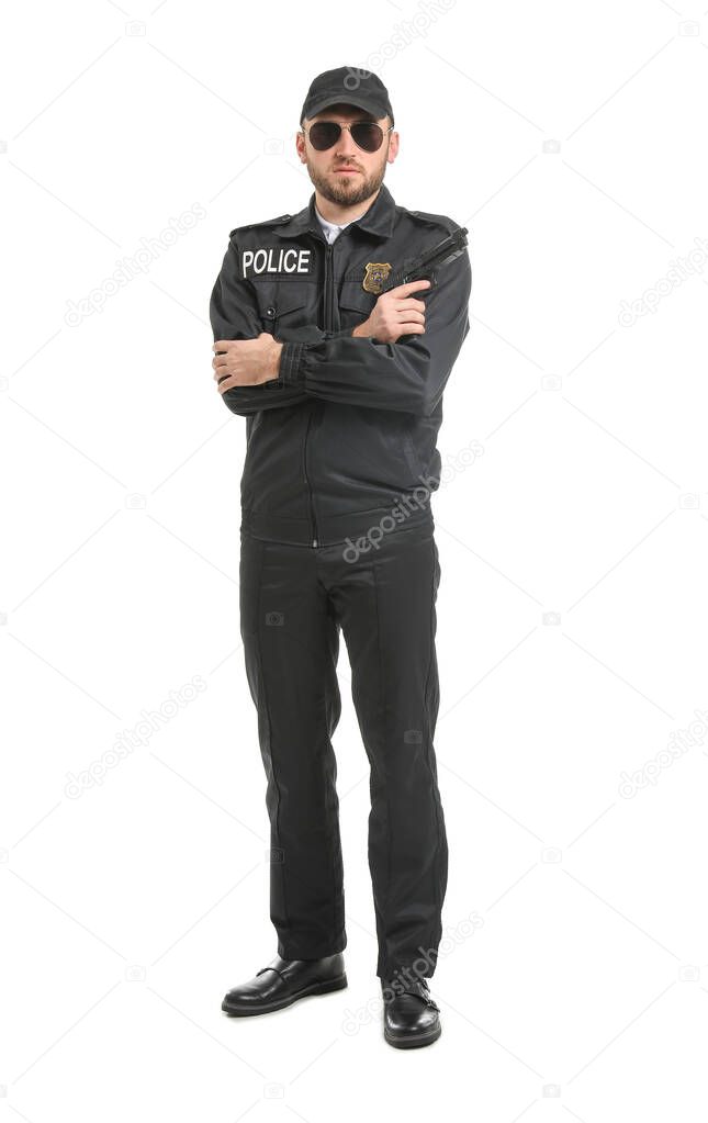 Male police officer on white background