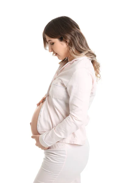 Hermosa Mujer Embarazada Sobre Fondo Blanco —  Fotos de Stock