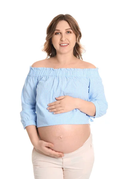 Hermosa Mujer Embarazada Sobre Fondo Blanco — Foto de Stock