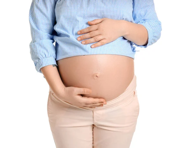 Hermosa Mujer Embarazada Sobre Fondo Blanco Primer Plano —  Fotos de Stock