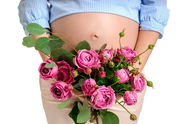 Femeie Gravidă Frumoasă Buchet Flori Fundal Alb Closeup — Fotografie, imagine de stoc
