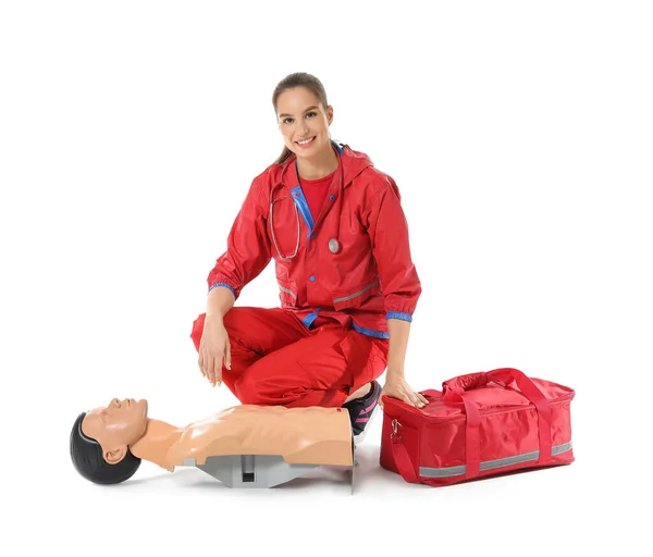 Female Paramedic Mannequin Bag White Background — Stock Photo, Image
