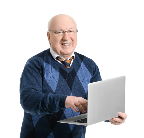 Portrait Elderly Man Laptop White Background — Stock Photo, Image