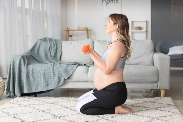 Sporty Pregnant Woman Doing Exercises Home — Stock Photo, Image