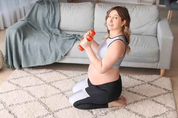 Sporty Pregnant Woman Doing Exercises Home — Stock Photo, Image