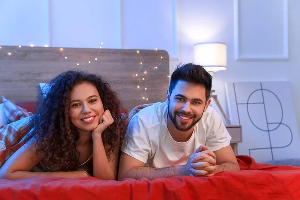 Happy Young Couple Bedroom — Stock Photo, Image