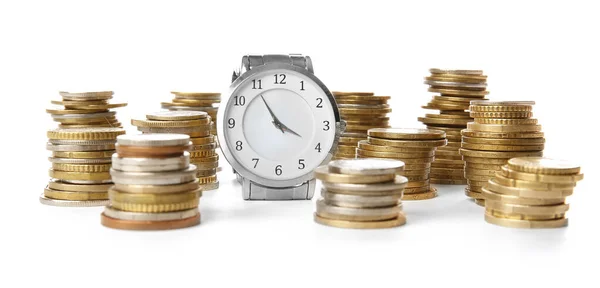 白い背景の時計とコイン 時間管理の考え方 — ストック写真