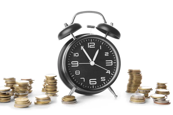 Alarm Clock Coins White Background Time Management Concept — Stock Photo, Image