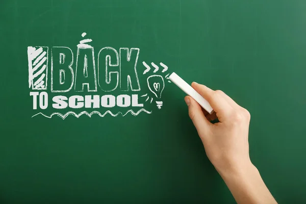 Woman Writing Phrase Back School Blackboard Classroom — Stock Photo, Image