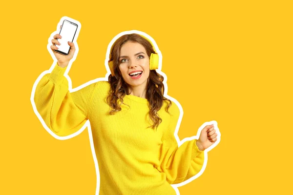 Jonge Vrouw Met Mobiele Telefoon Luisteren Naar Muziek Kleur Achtergrond — Stockfoto