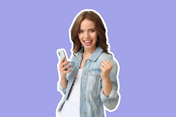 Jeune Femme Avec Téléphone Portable Sur Fond Couleur — Photo