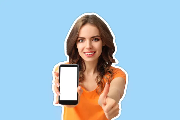 Jonge Vrouw Met Mobiele Telefoon Kleur Achtergrond — Stockfoto