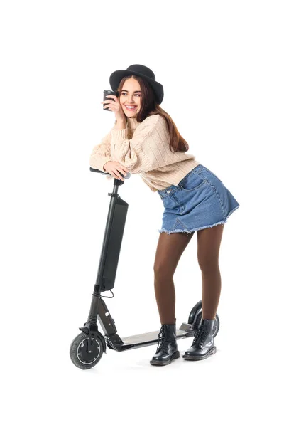 Young Woman Kick Scooter Cup Coffee White Background — Stock Photo, Image