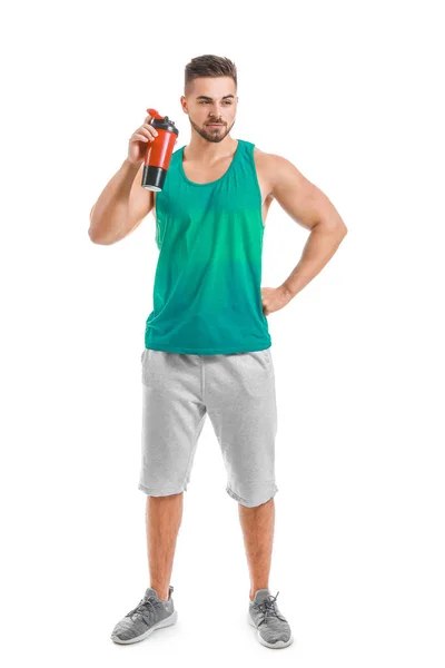 Hombre Deportivo Con Batido Proteínas Sobre Fondo Blanco — Foto de Stock