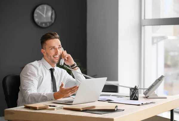 Happy Businessman Talking Telephone Office — Stock Photo, Image