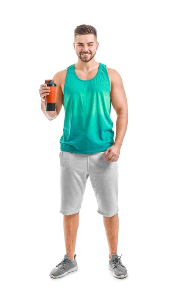 Sportig Man Med Protein Shake Vit Bakgrund — Stockfoto